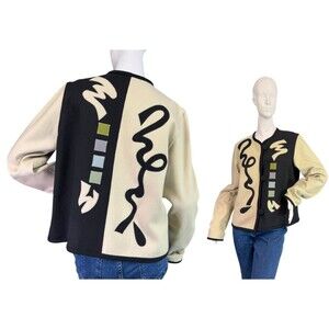 Vintage 90s Beppa Wool Wearable Art Geometric Pattern Applique Jacket Size Med
